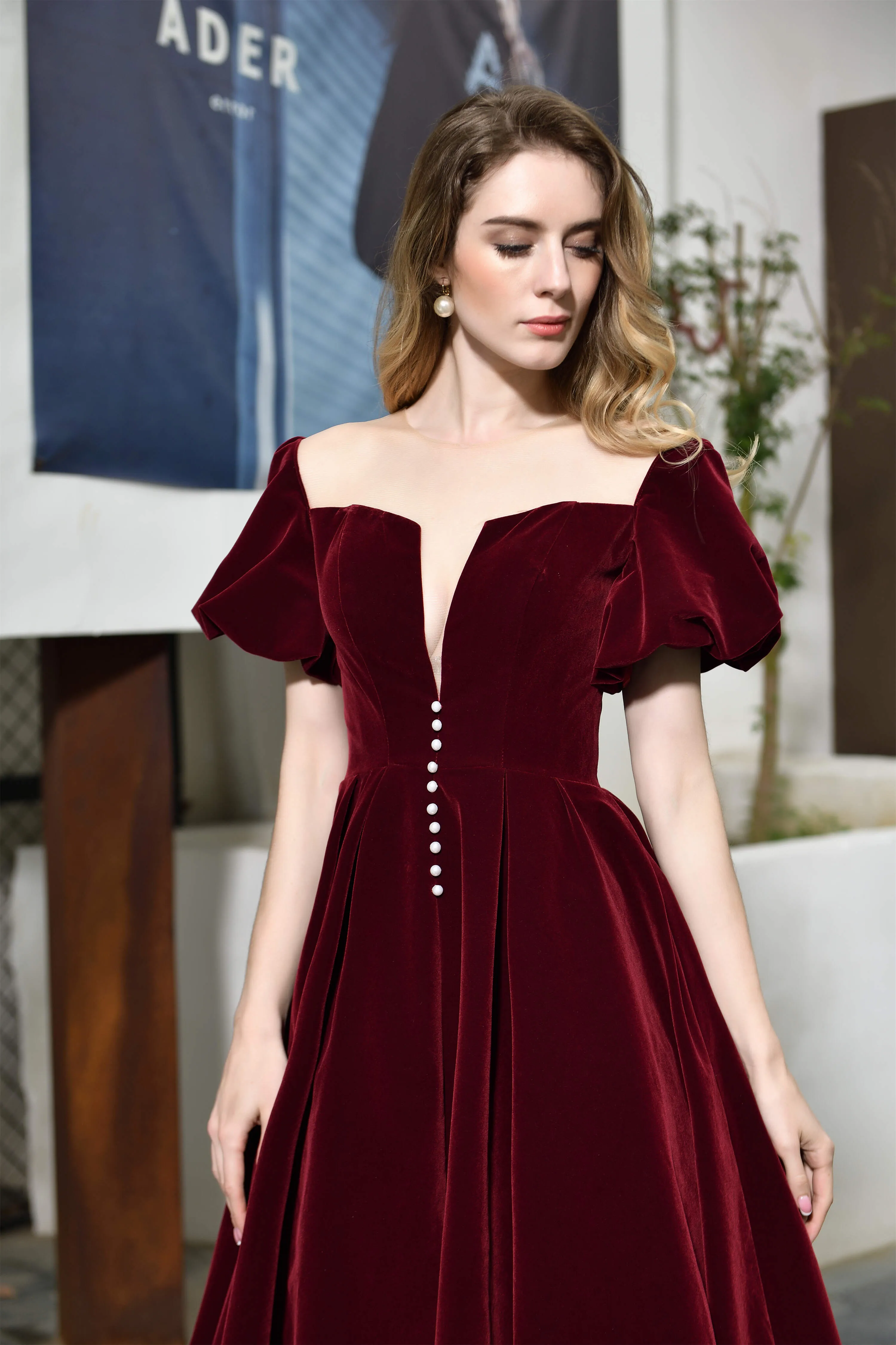 Puff Sleeve Ankle Length Velvet Deep V-Neck Vintage Prom Dresses