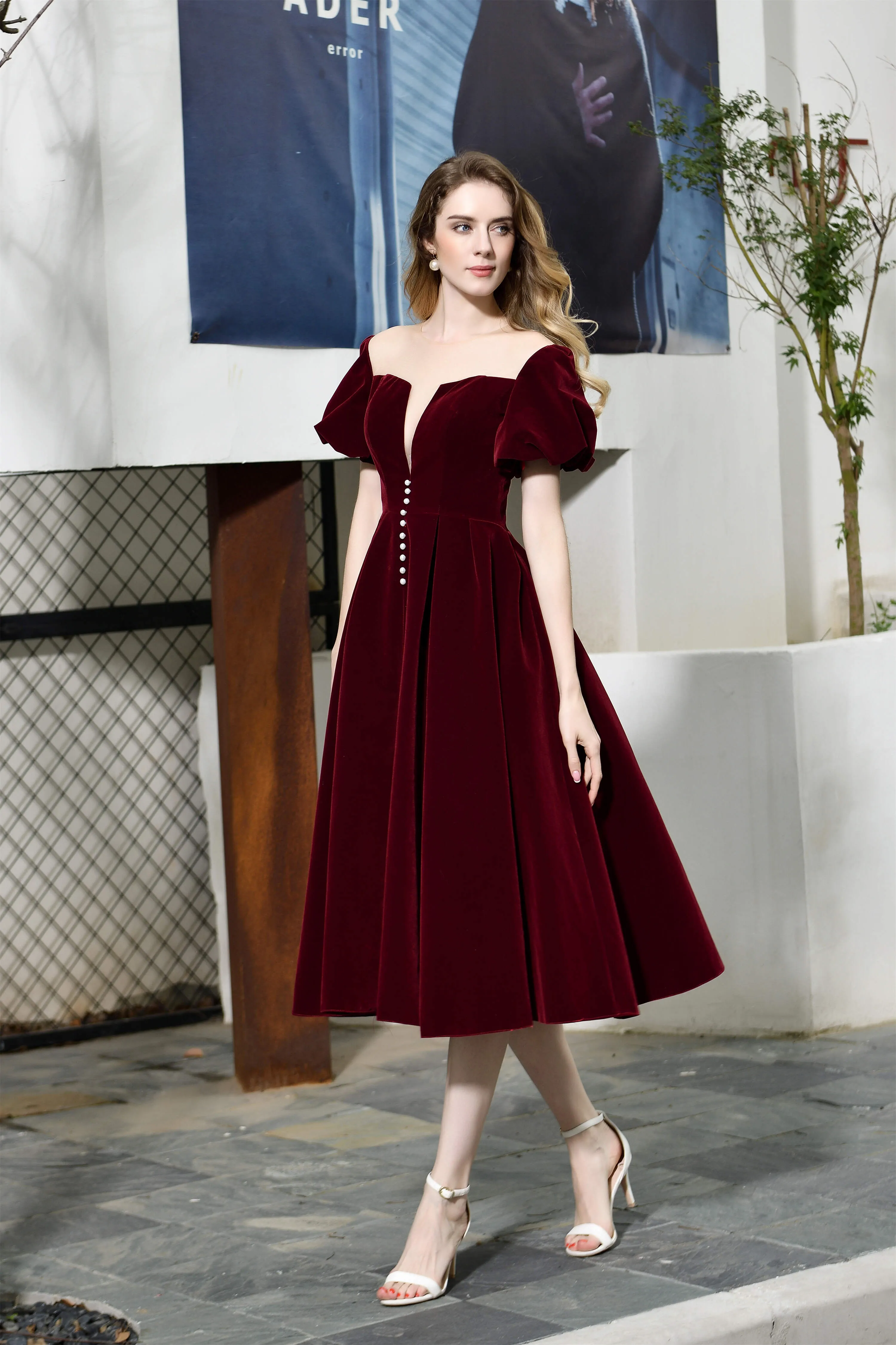 Puff Sleeve Ankle Length Velvet Deep V-Neck Vintage Prom Dresses