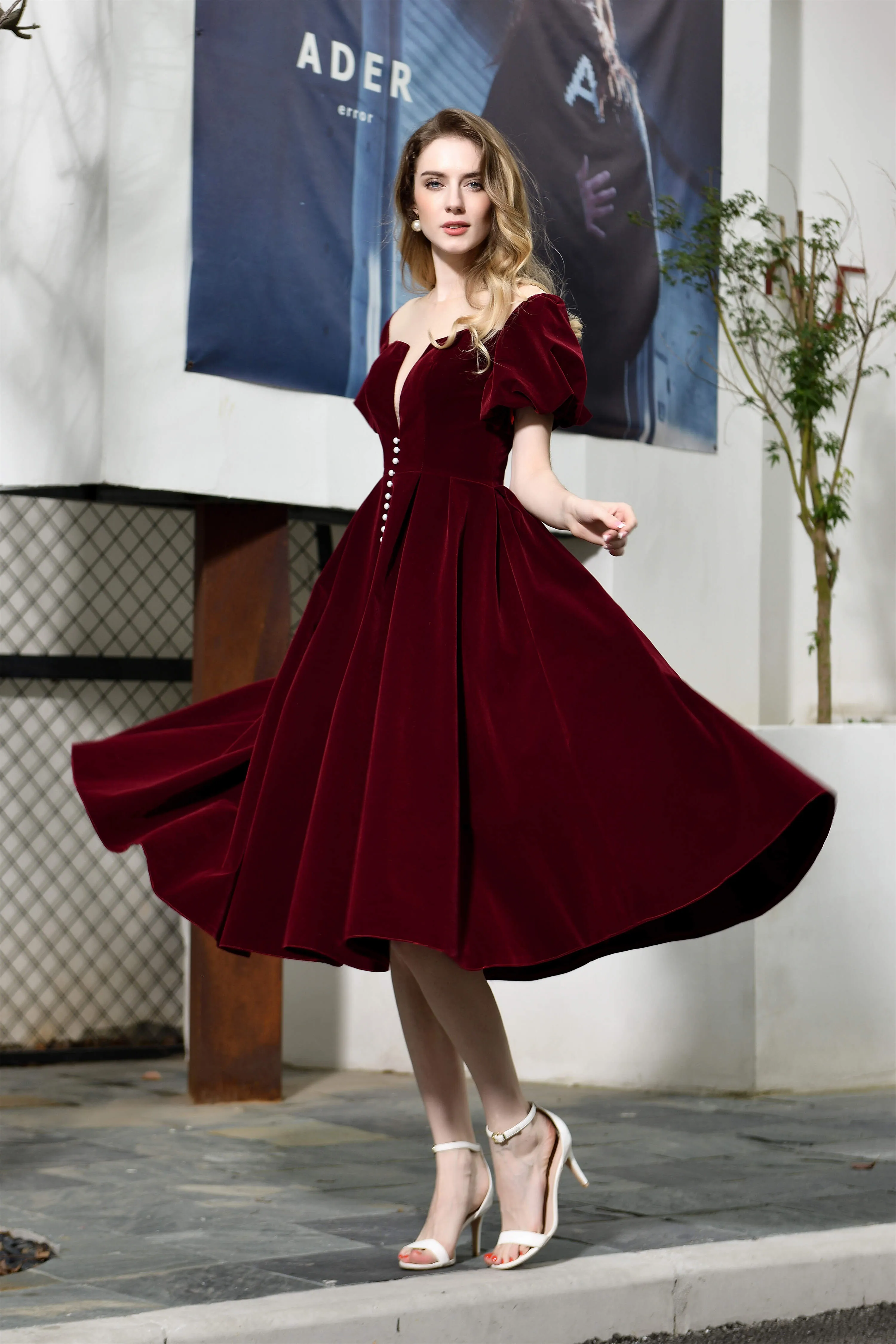 Puff Sleeve Ankle Length Velvet Deep V-Neck Vintage Prom Dresses