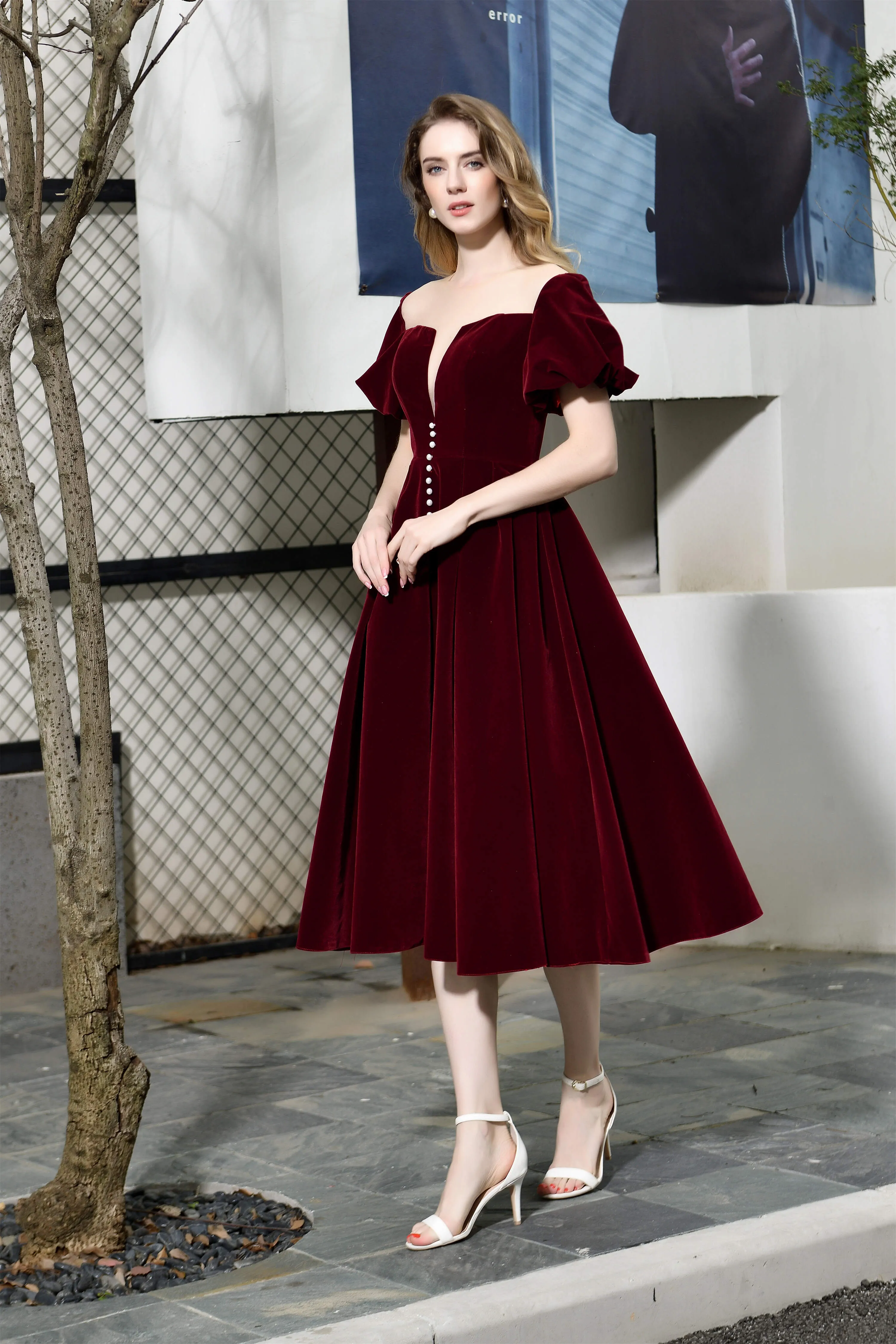 Puff Sleeve Ankle Length Velvet Deep V-Neck Vintage Prom Dresses