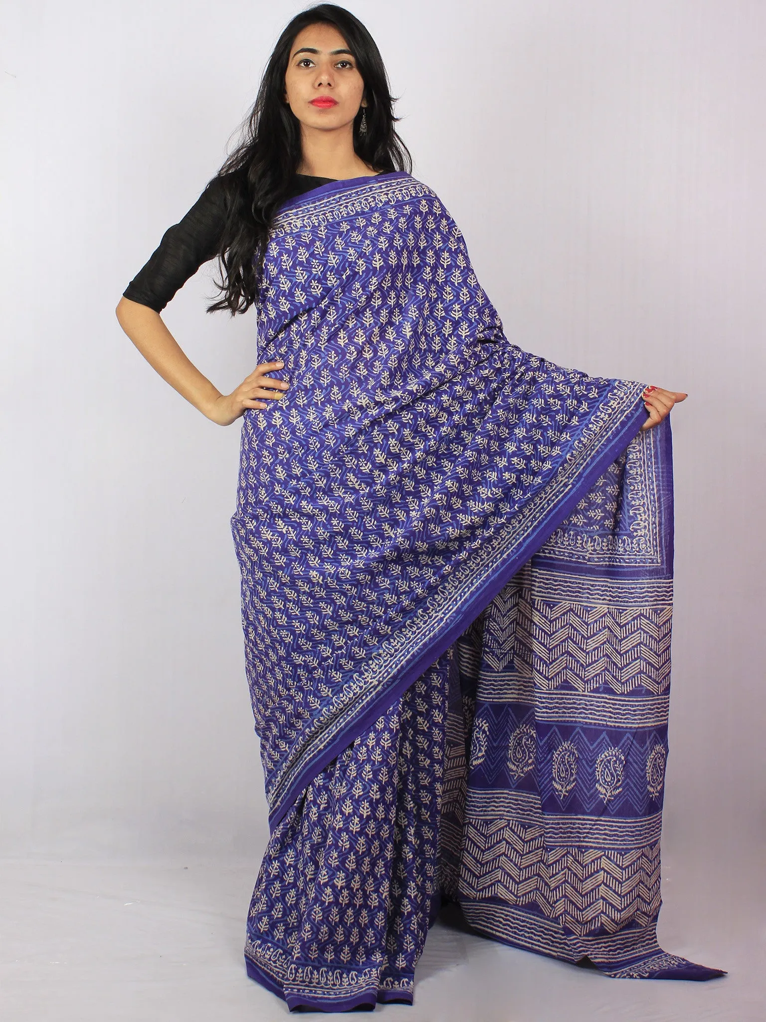 Purple Ivory Blue Hand Block Printed Cotton Saree in Natural Colors - S03170825