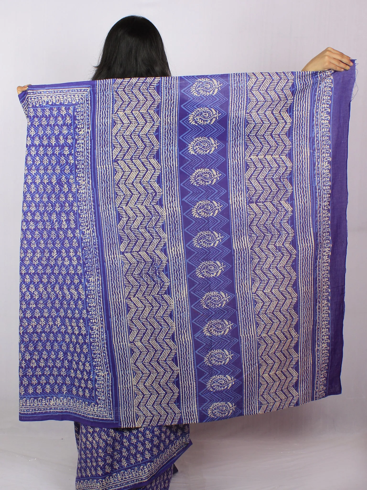 Purple Ivory Blue Hand Block Printed Cotton Saree in Natural Colors - S03170825