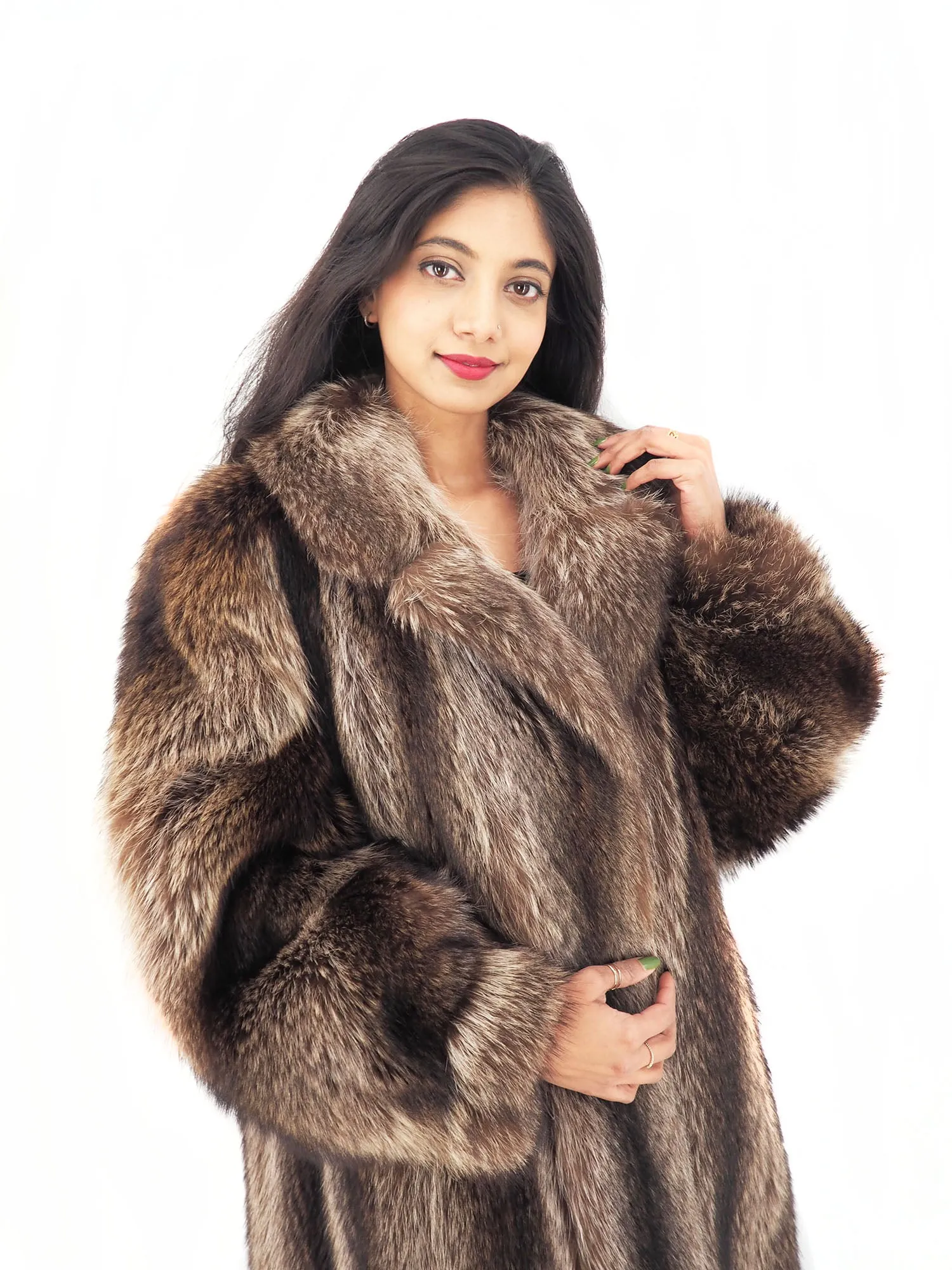 Raccoon Fur Coat Coats Detachable Hood with Red Fox Trim M/L 49" Long