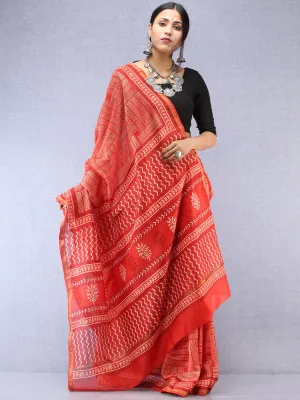 Red Ivory Hand Block Printed Maheshwari Silk Saree With Zari Border - S031704529