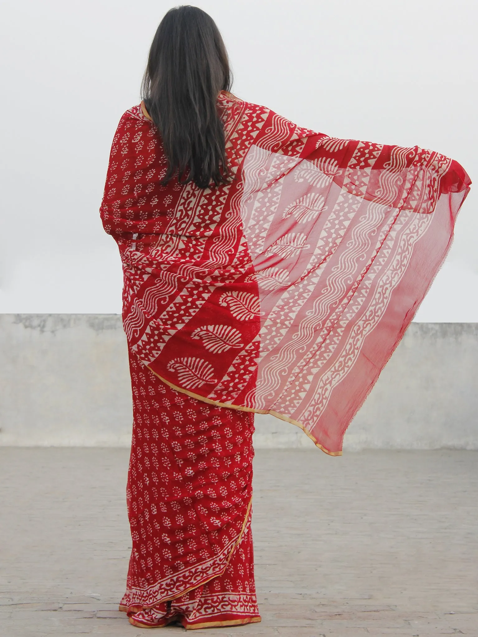 Red White Hand Block Printed Chiffon Saree With Zari Border- S031702581