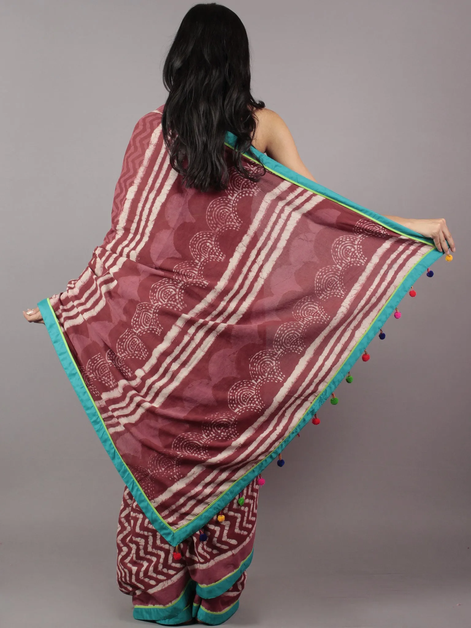 Rosewood Red Ivory Hand Block Printed Cotton Saree With Sea Green Color & Tassels - S031701719