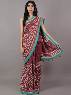 Rosewood Red Ivory Hand Block Printed Cotton Saree With Sea Green Color & Tassels - S031701719