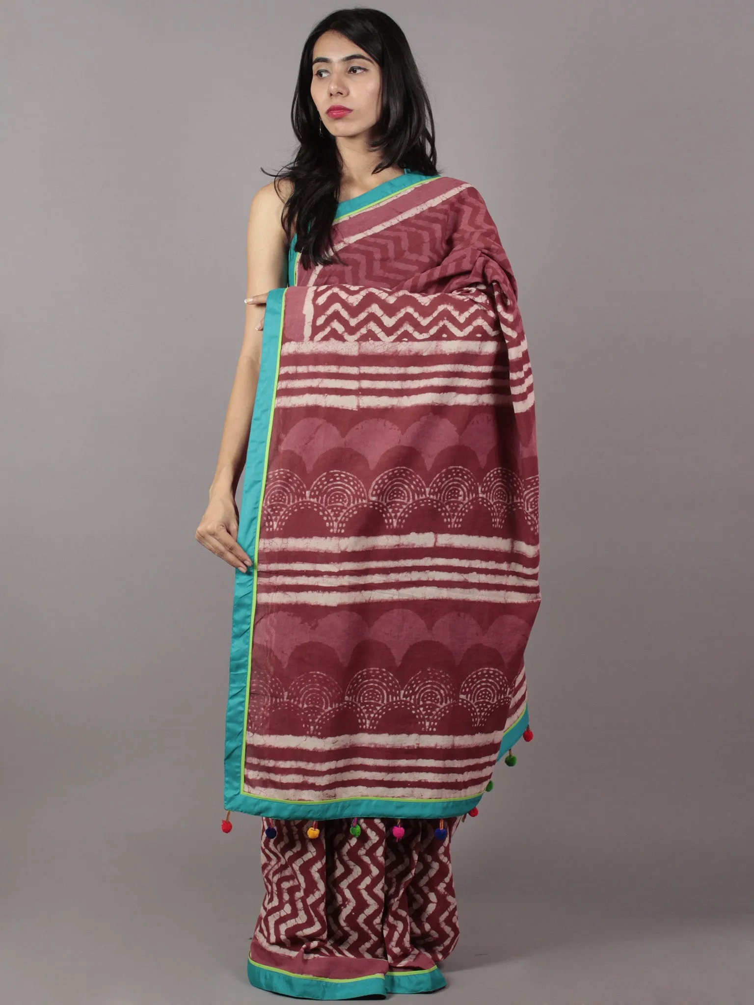 Rosewood Red Ivory Hand Block Printed Cotton Saree With Sea Green Color & Tassels - S031701719