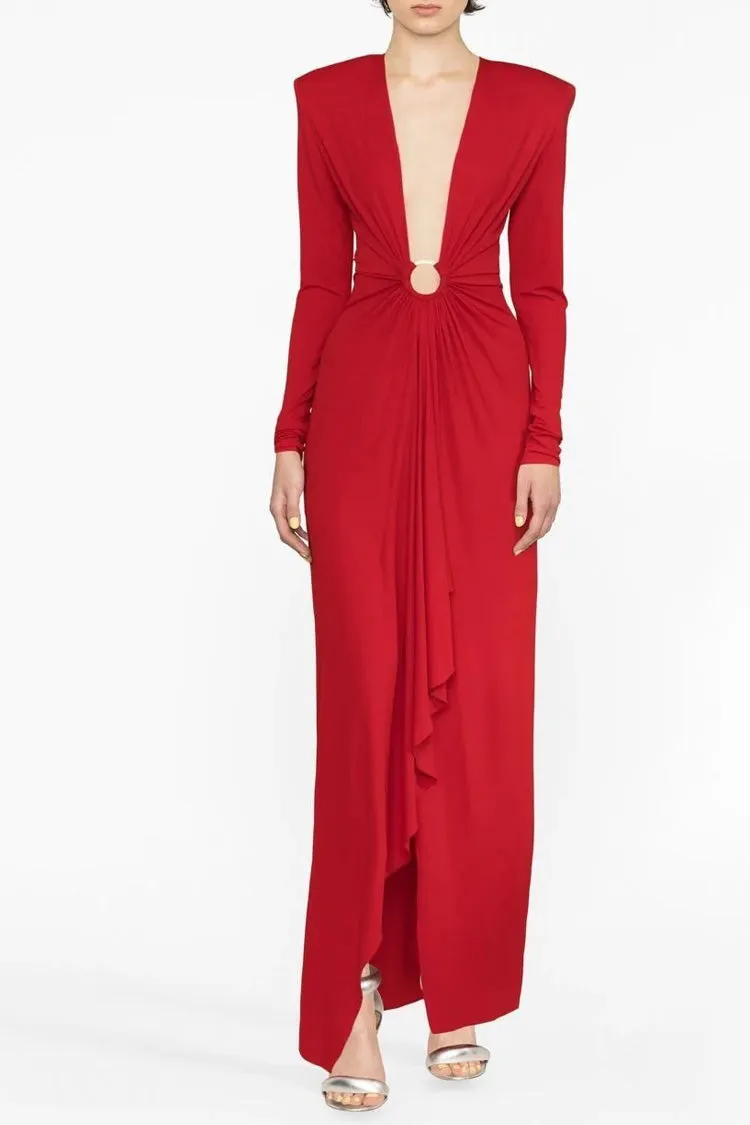 Sexy Deep V Crystal O Ring Long Sleeve Draped Jersey Evening Maxi Dress