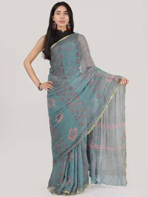 Steel Blue Pink Hand Block Printed Chiffon Saree With Zari Border - S031704691