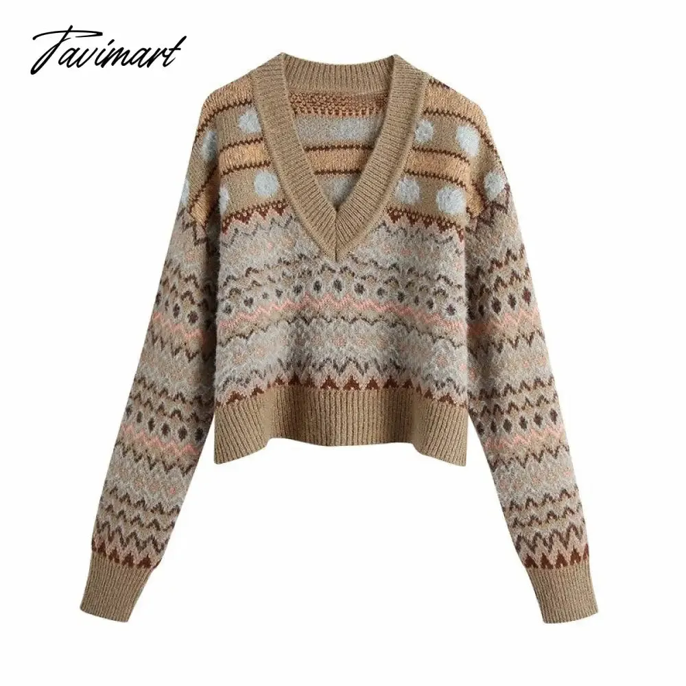 Tavimart Fashion Brown Geometry Jacquard Woman Sweaters V Neck Vintage Long Sleeve Winter Pullover Chic Tops