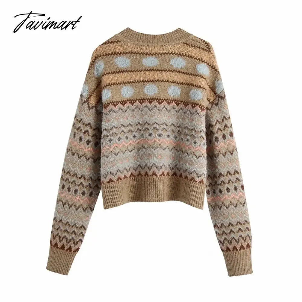 Tavimart Fashion Brown Geometry Jacquard Woman Sweaters V Neck Vintage Long Sleeve Winter Pullover Chic Tops