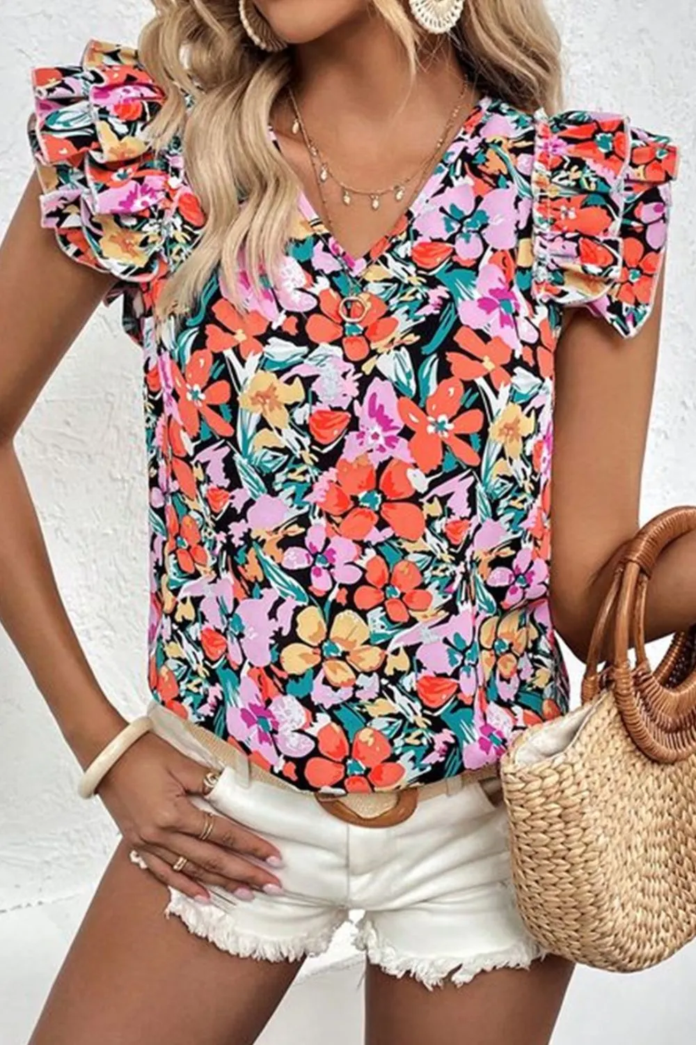 TEEK - Floral Ruffled V-Neck Cap Sleeve Blouse