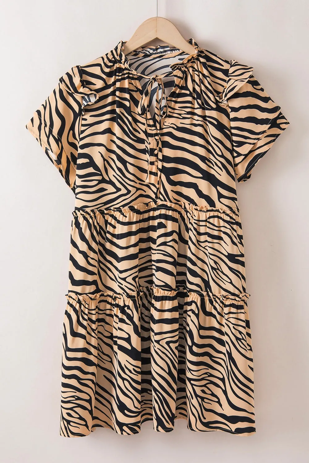 TEEK - Ruffled Tiger Print Tie Neck Dress