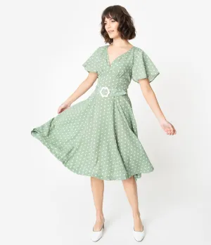 Unique Vintage 1940s Sage Green & Ivory Polka Dot Kay Swing Dress