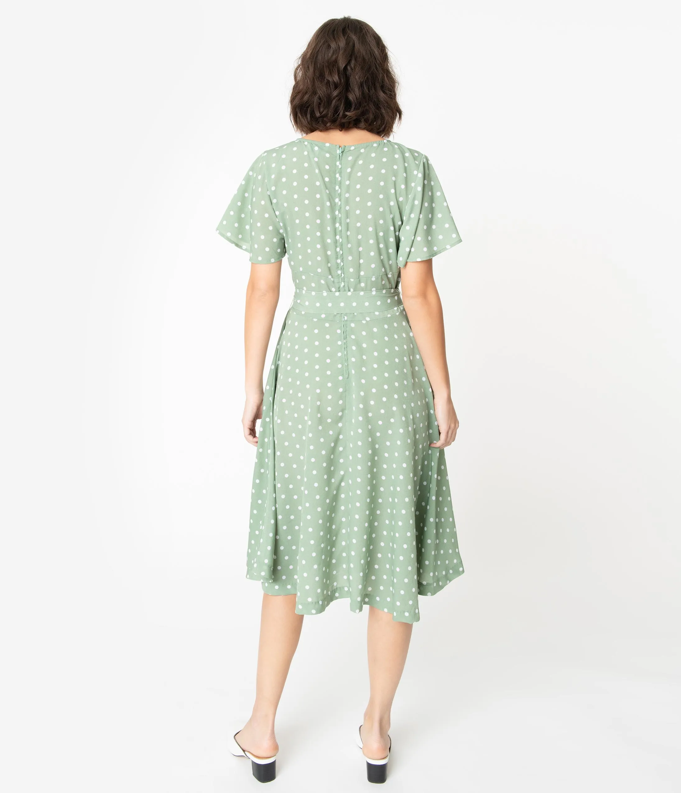 Unique Vintage 1940s Sage Green & Ivory Polka Dot Kay Swing Dress