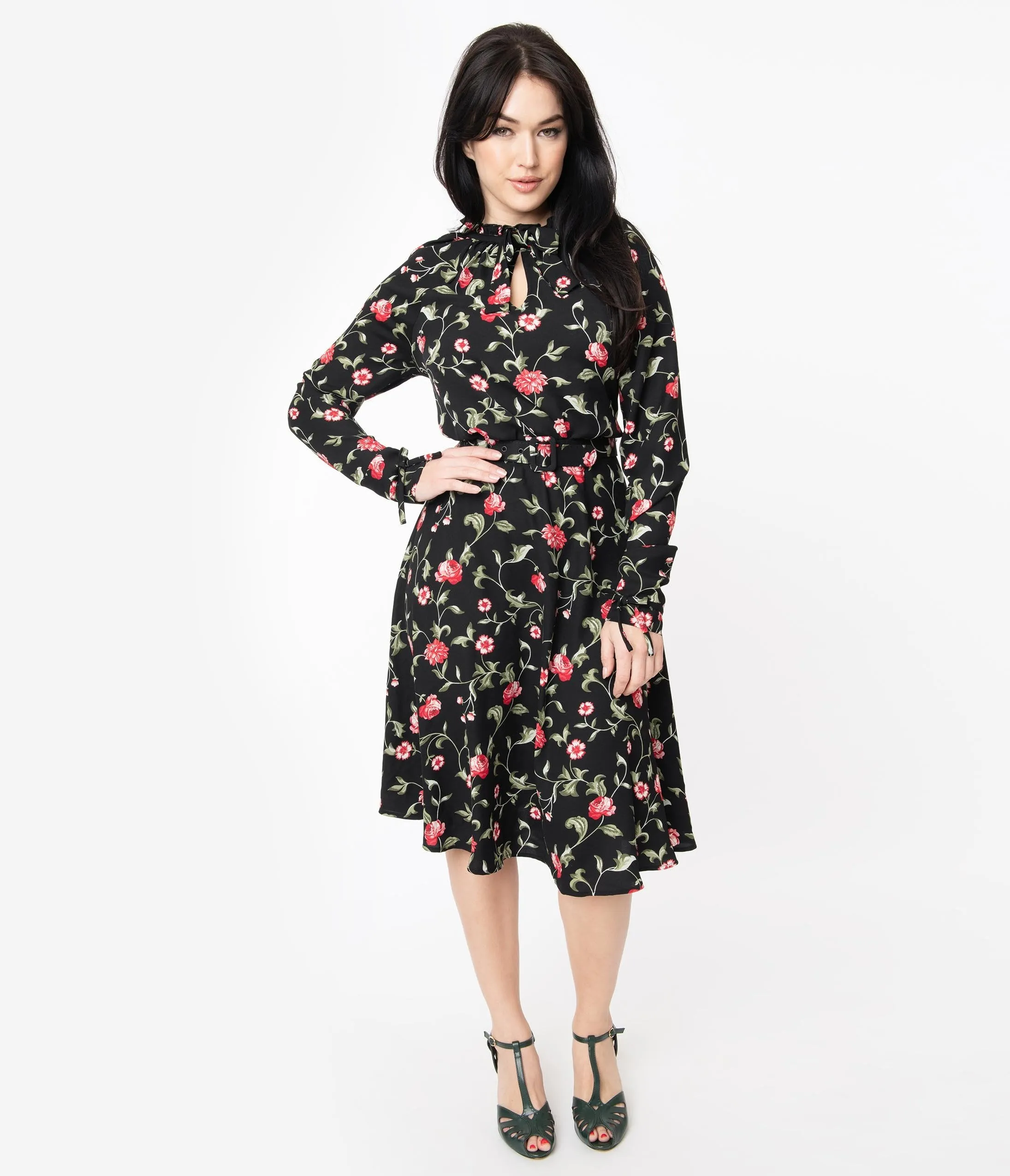 1950s Vintage Vandella Swing Dress: Black & Red Floral Print