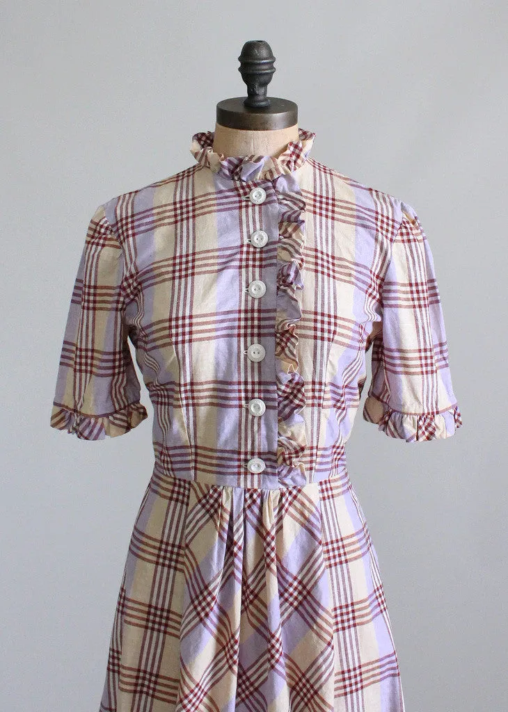 Vintage 1930s Plaid Ruffles Cotton Day Dress