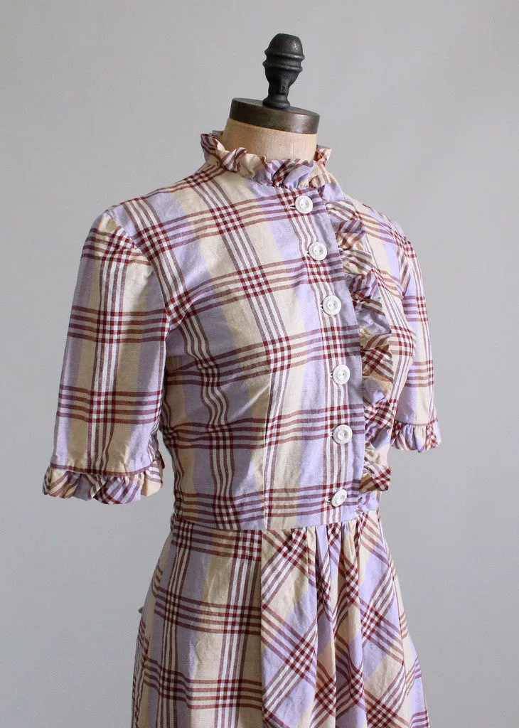 Vintage 1930s Plaid Ruffles Cotton Day Dress