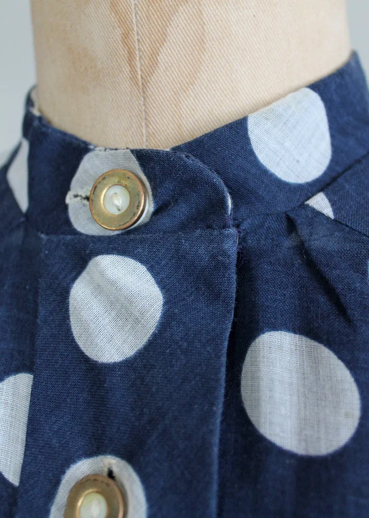 Vintage 1960s Rona Navy Polka Dot Shirt Dress