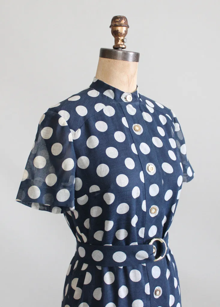 Vintage 1960s Rona Navy Polka Dot Shirt Dress