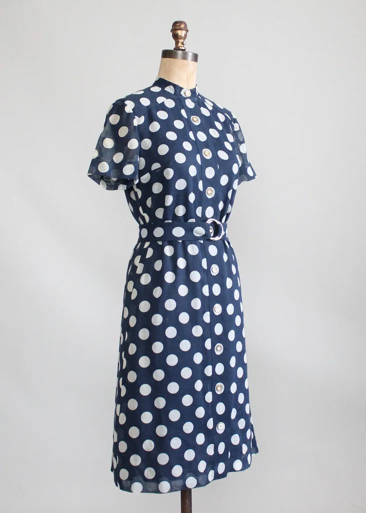 Vintage 1960s Rona Navy Polka Dot Shirt Dress