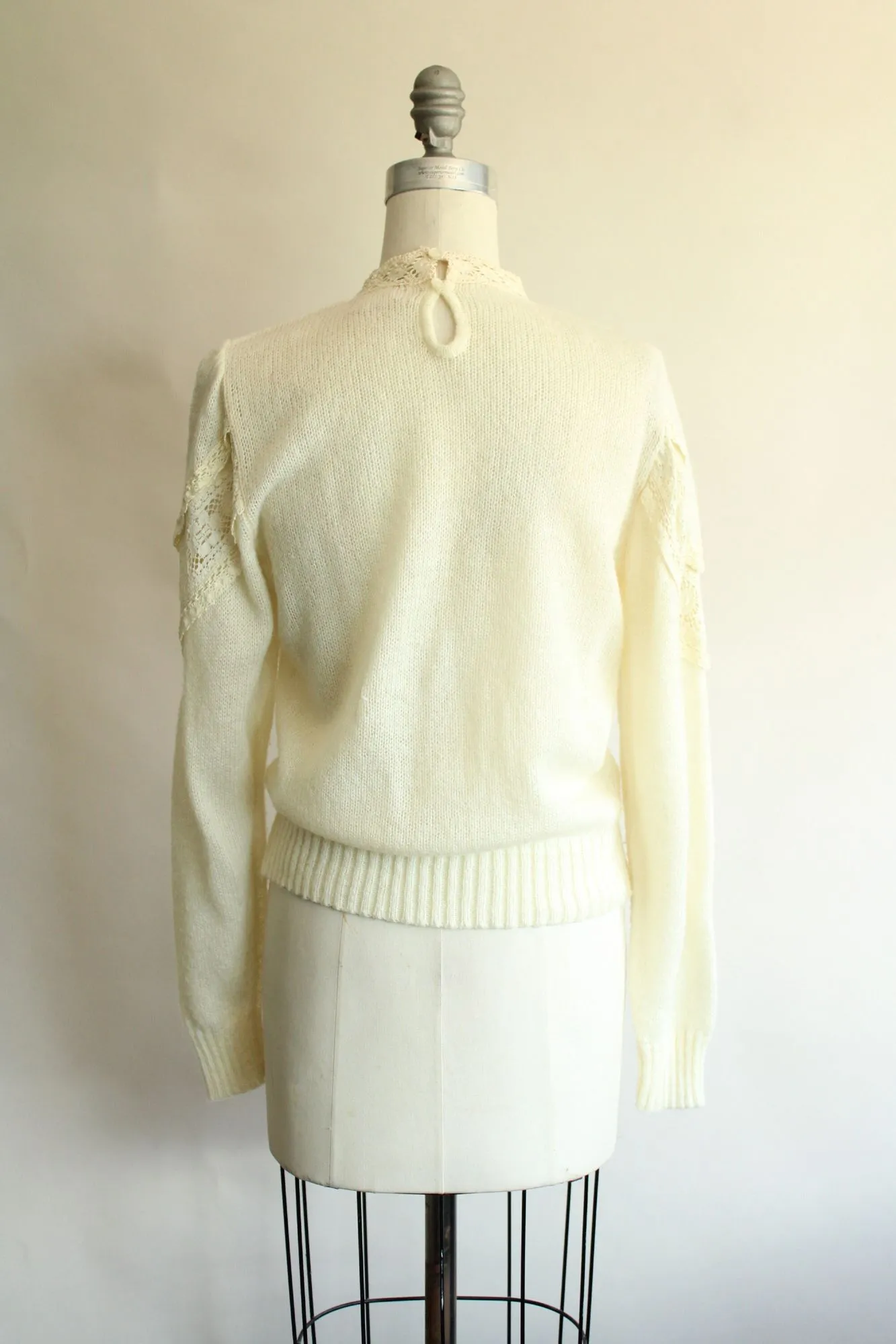 Vintage 1990s Ivory Sweater with Puffed Sleeves, Keyhole Neck and Lace