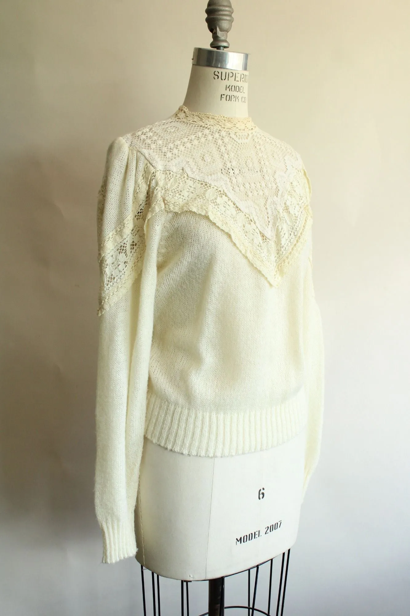 Vintage 1990s Ivory Sweater with Puffed Sleeves, Keyhole Neck and Lace