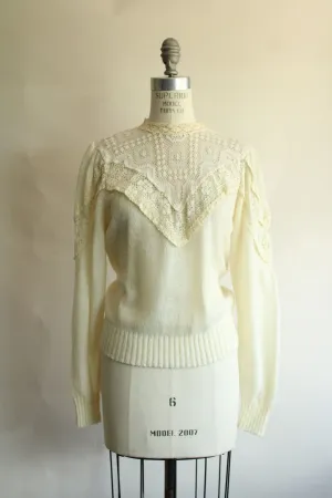 Vintage 1990s Ivory Sweater with Puffed Sleeves, Keyhole Neck and Lace