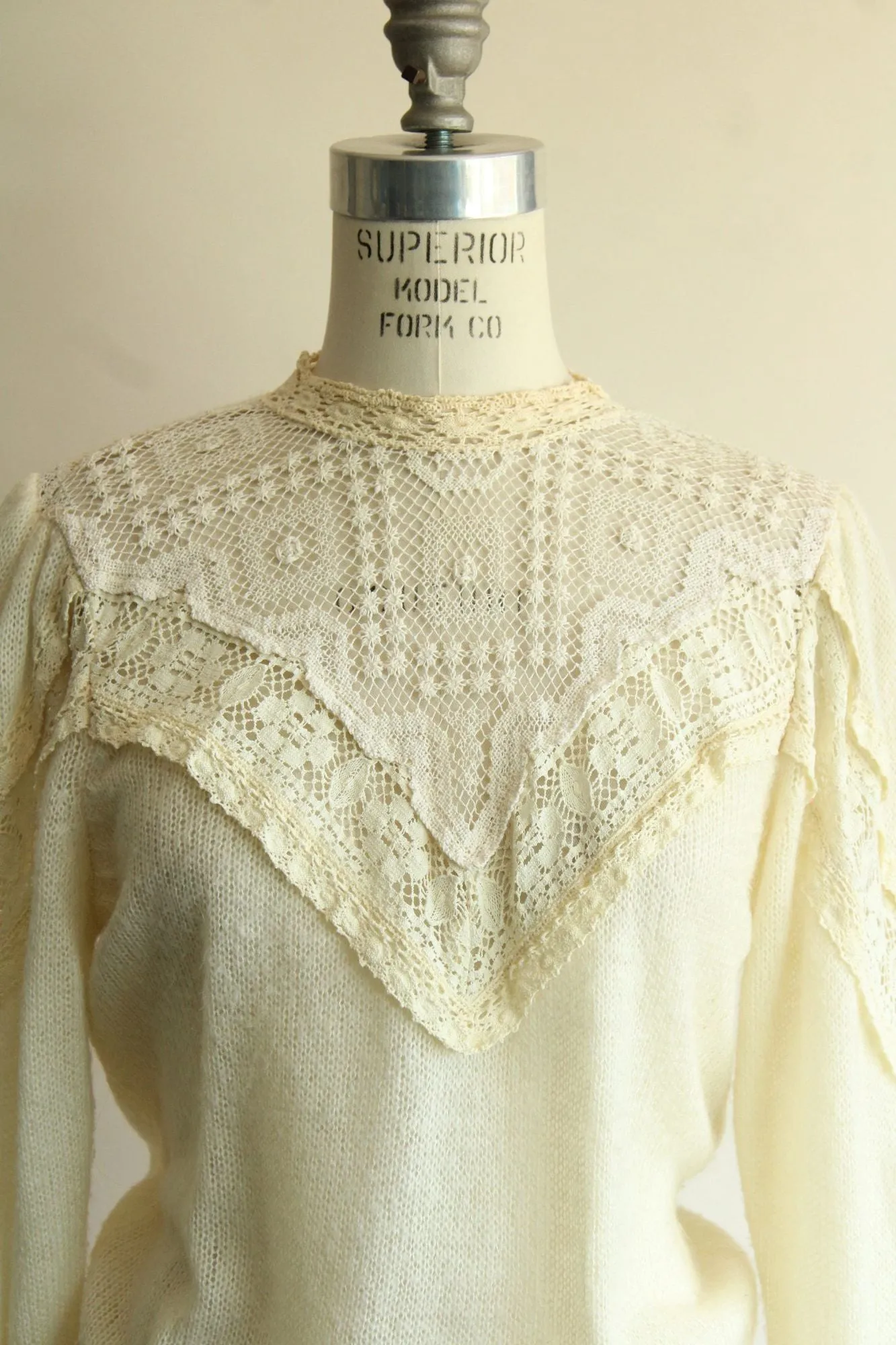 Vintage 1990s Ivory Sweater with Puffed Sleeves, Keyhole Neck and Lace