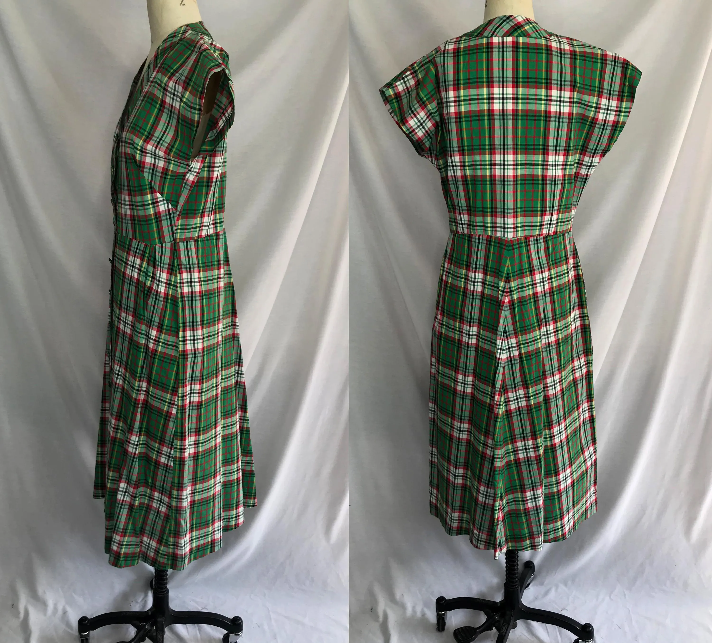 Vintage 40s 1940s | Green Plaid Cotton Day Dress Belle Brook Frocks Milwaukee ML