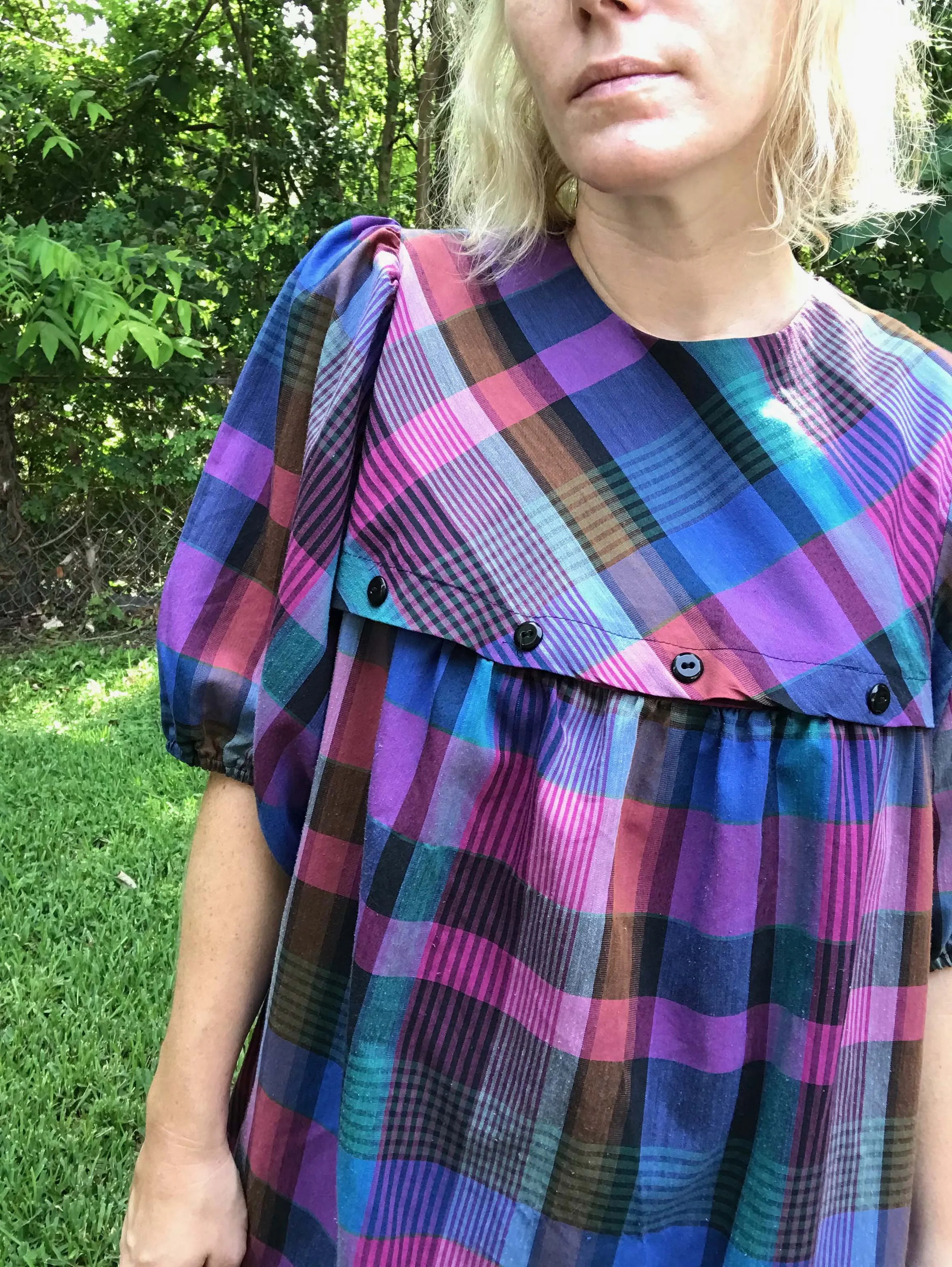 Vintage 80s | Plaid Dress PUFF Sleeve Kawaii Babydoll Mini dress | Free Size