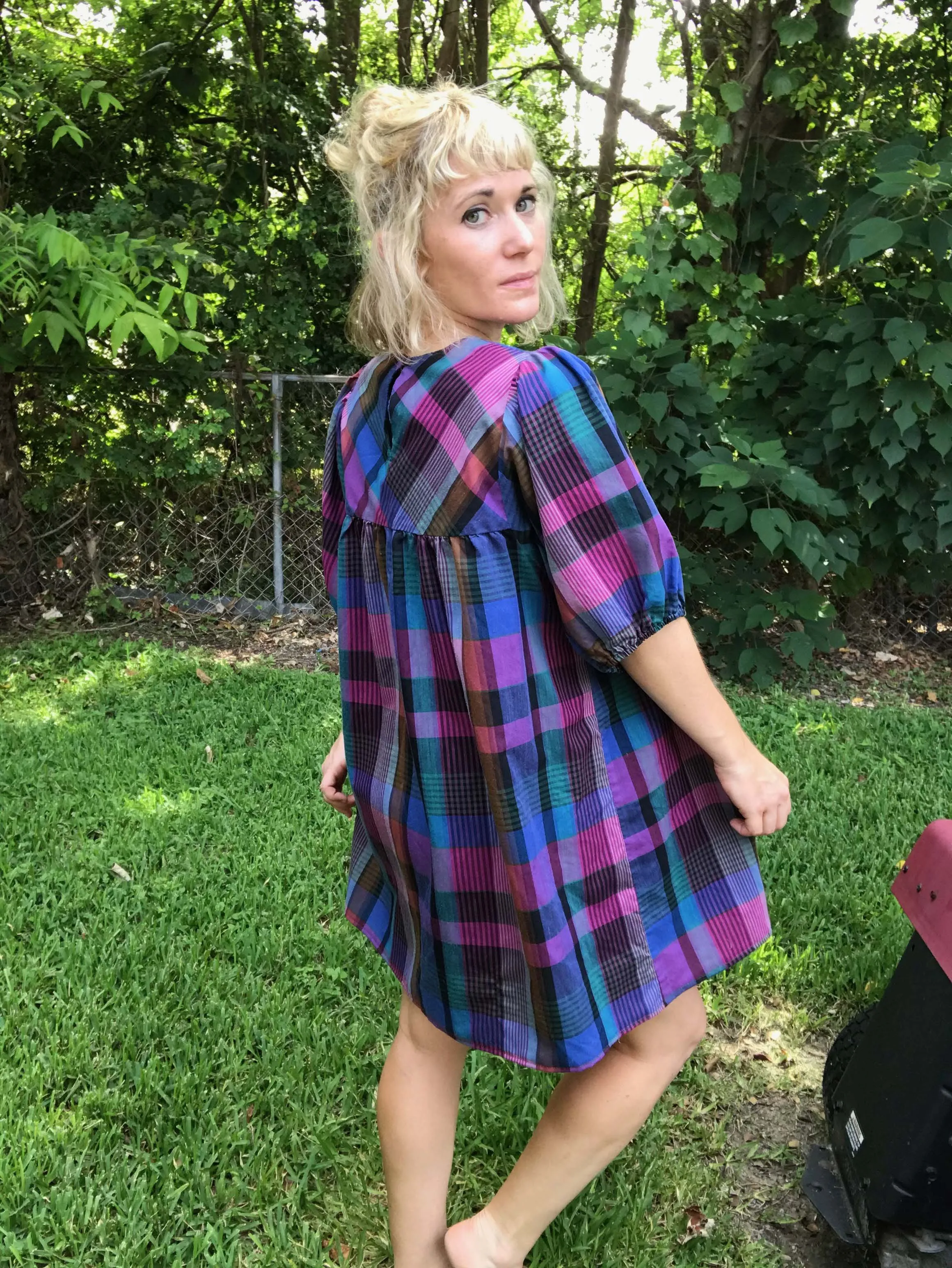 Vintage 80s | Plaid Dress PUFF Sleeve Kawaii Babydoll Mini dress | Free Size