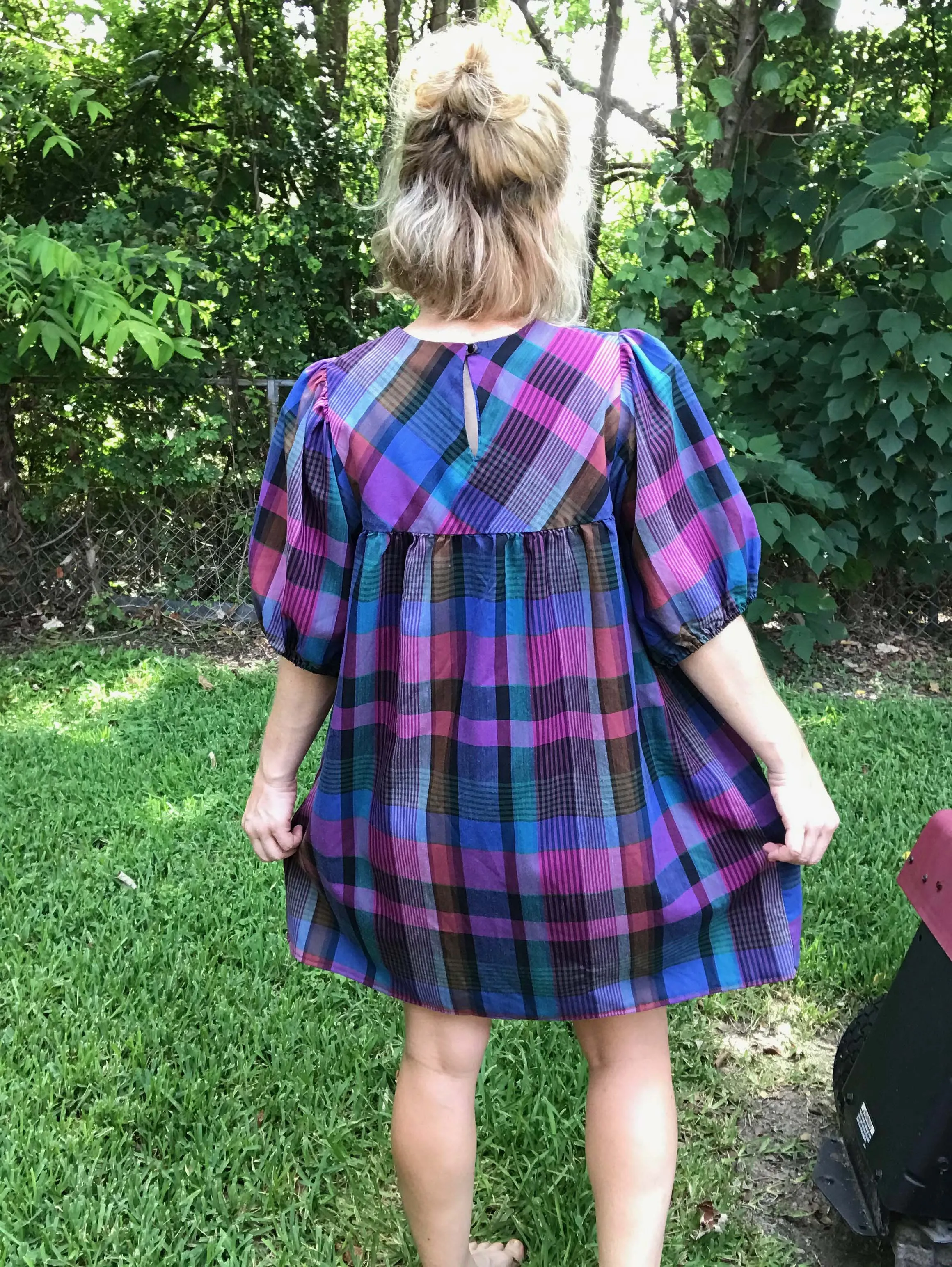 Vintage 80s | Plaid Dress PUFF Sleeve Kawaii Babydoll Mini dress | Free Size