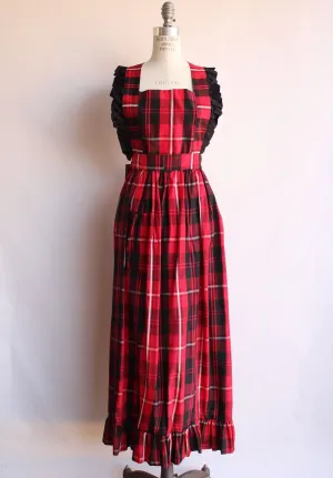 Vintage Full Apron, Red Tartan Plaid Pinafore With Pockets and Ruffles, Volup Size, Taffeta Christmas or Holiday