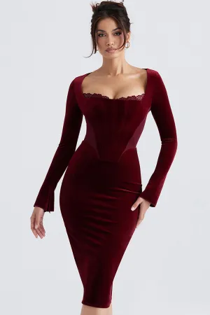 Vintage Lacey Neck Long Sleeve Mesh Velvet Corset Cocktail Midi Dress - Burgundy