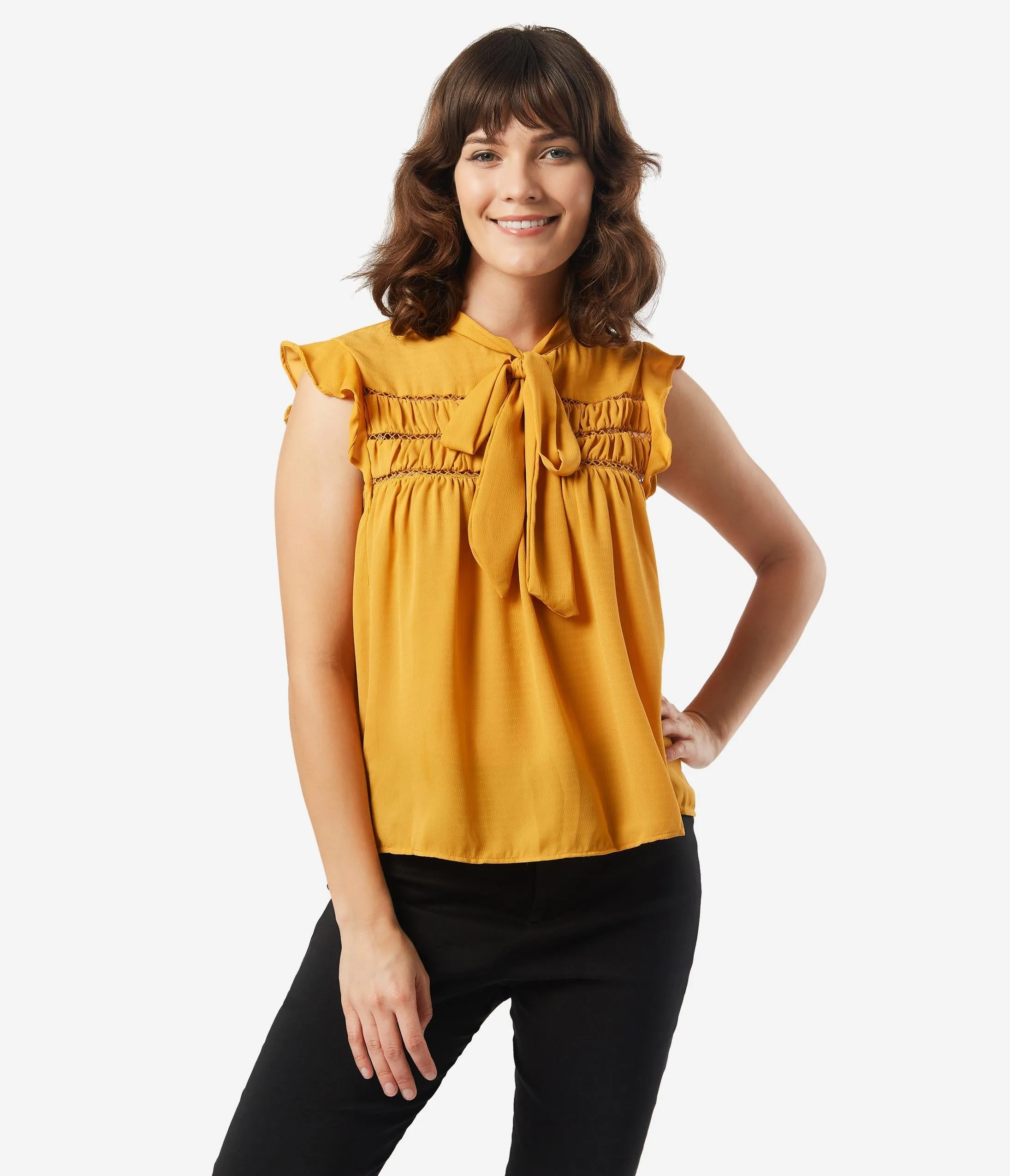 Vintage Style Mustard Ruffle Bow Blouse