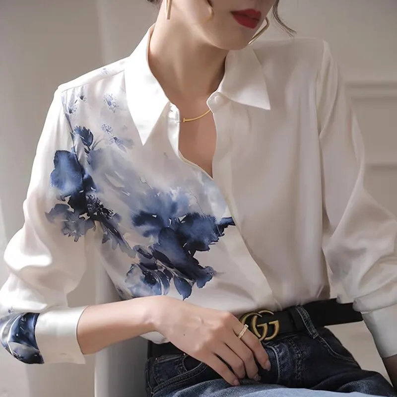 Wenkouban Printed Elegant Chiffon Blouse Women Tops Long Sleeve Vintage Satin Blouses Women Fashion Autumn Casual Loose Silk Shirt