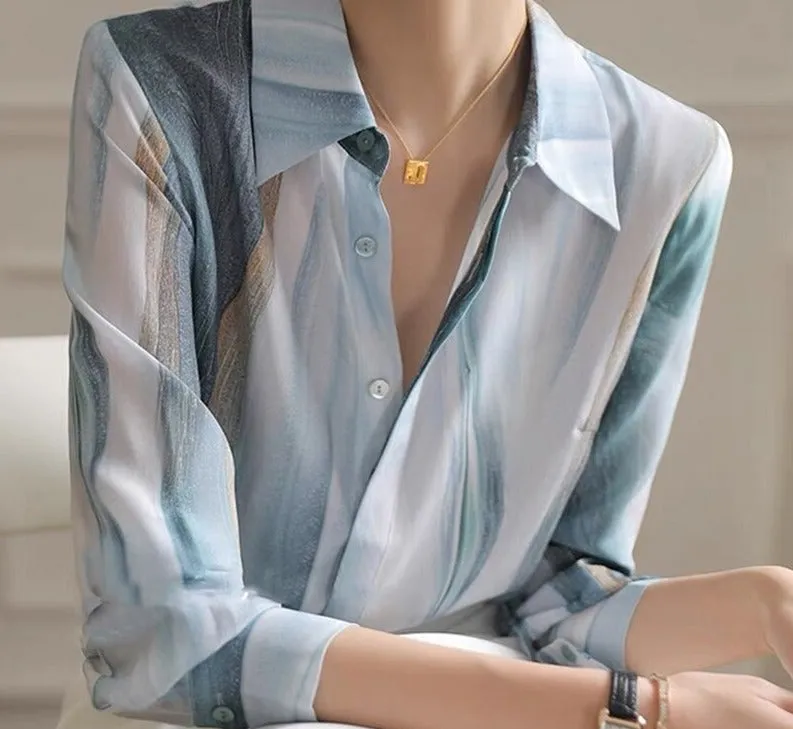 Wenkouban Printed Elegant Chiffon Blouse Women Tops Long Sleeve Vintage Satin Blouses Women Fashion Autumn Casual Loose Silk Shirt