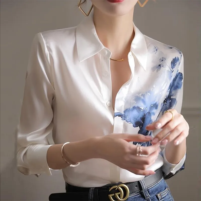 Wenkouban Printed Elegant Chiffon Blouse Women Tops Long Sleeve Vintage Satin Blouses Women Fashion Autumn Casual Loose Silk Shirt