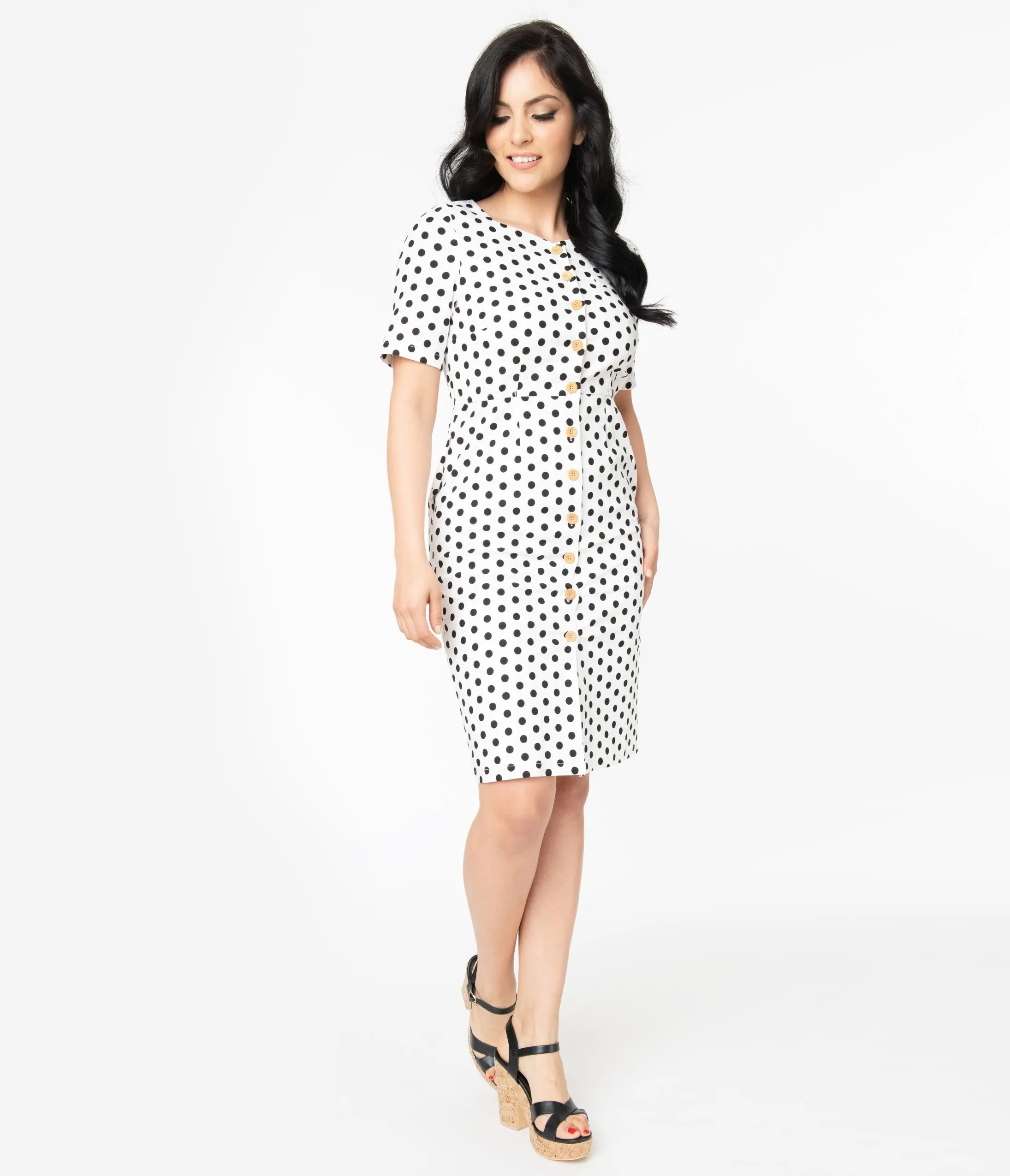 White & Black Polka Dot Short Sleeve Button Up Dress