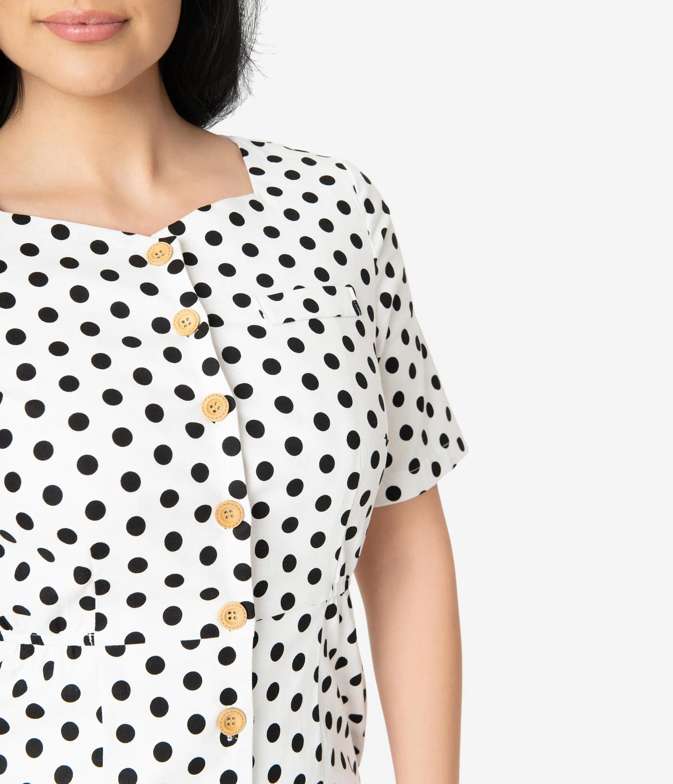 White & Black Polka Dot Short Sleeve Button Up Dress