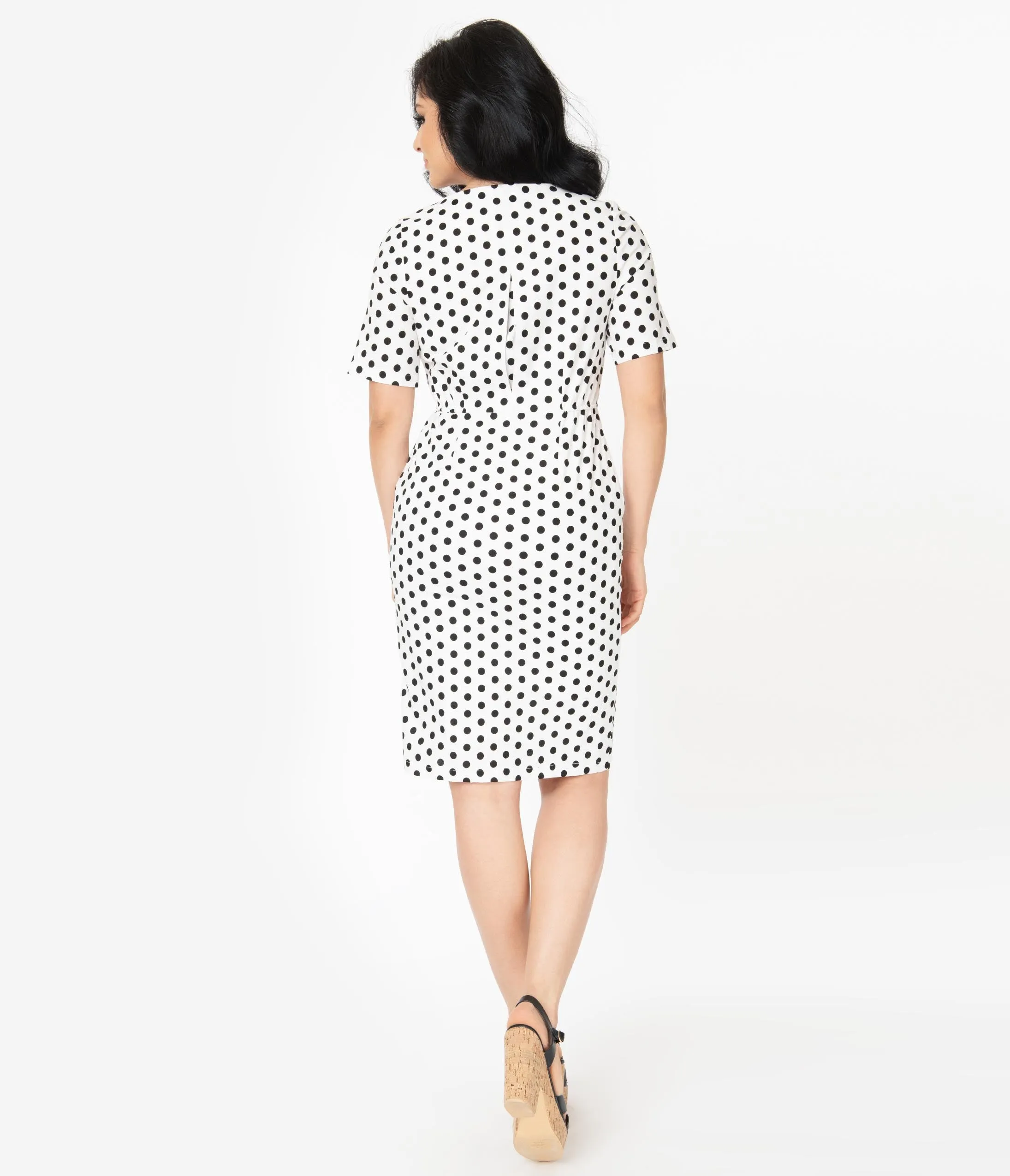 White & Black Polka Dot Short Sleeve Button Up Dress