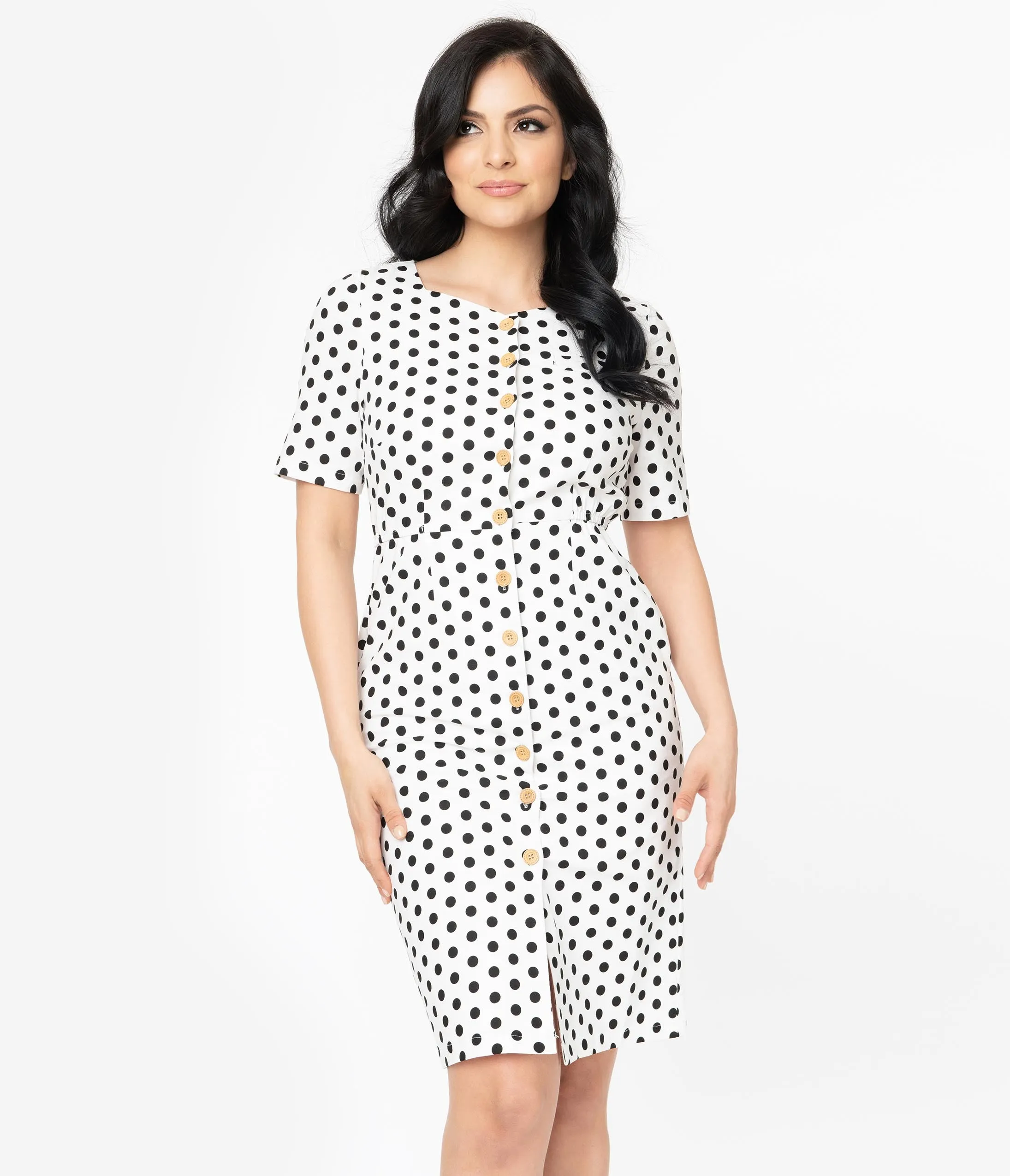 White & Black Polka Dot Short Sleeve Button Up Dress