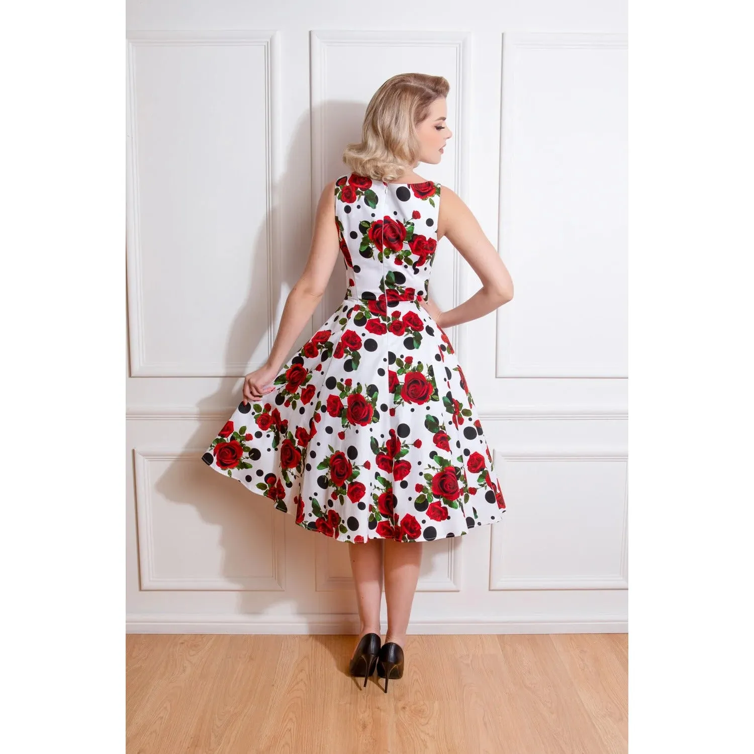 White Polka Dot & Red Rose Print Rockabilly 50s Swing Dress w/ Pockets