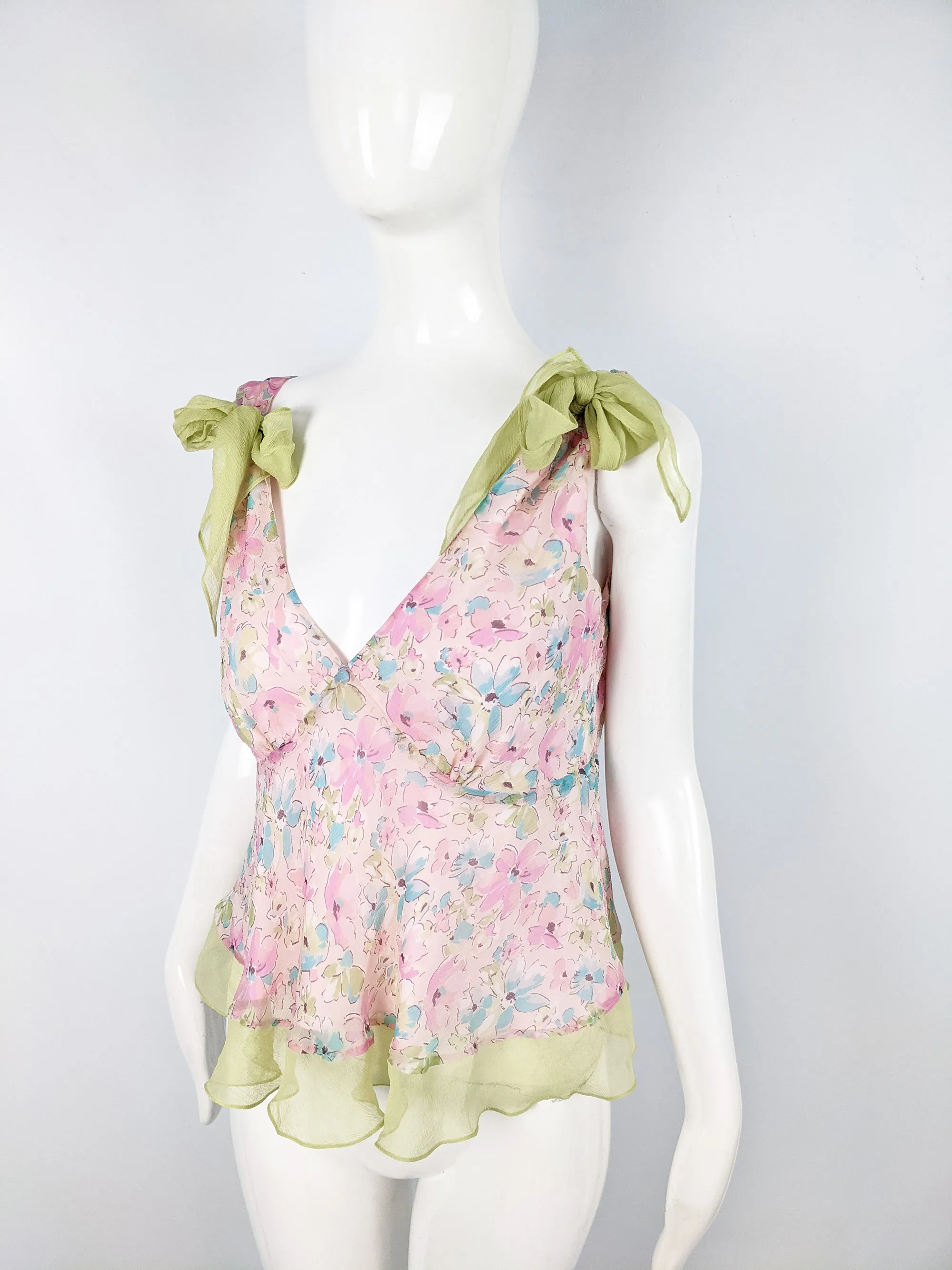 Womens Vintage Pastel Pink & Green Bow Blouse, 2000s