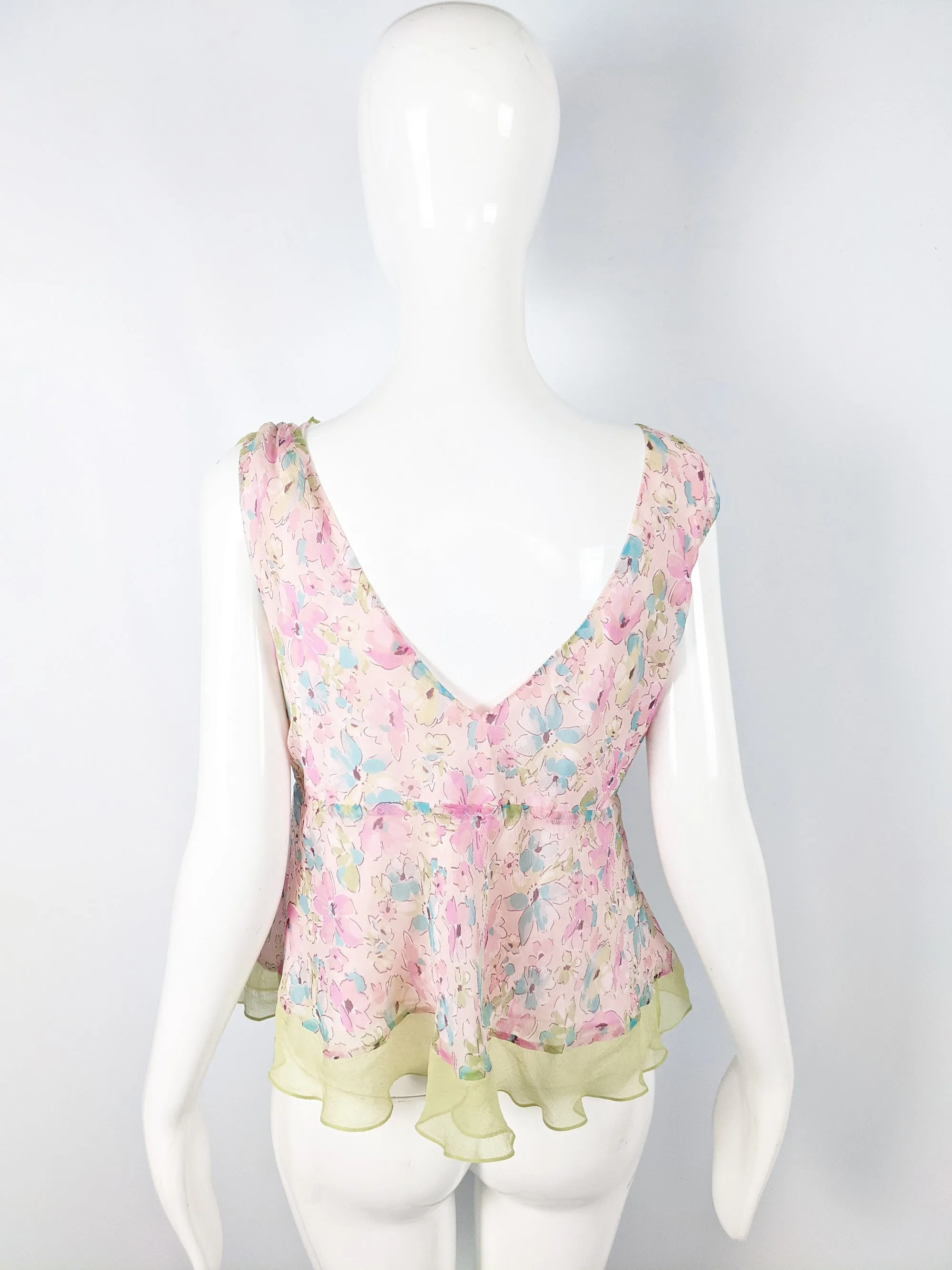 Womens Vintage Pastel Pink & Green Bow Blouse, 2000s